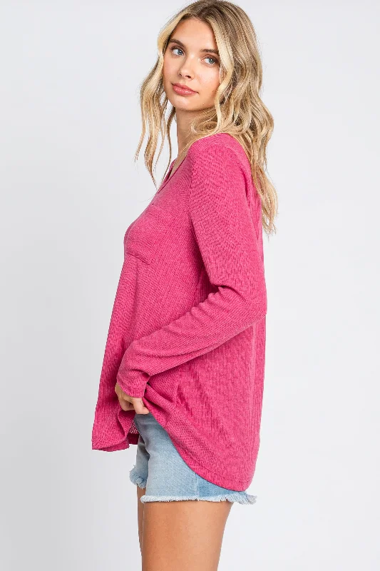 Fuchsia Ribbed Knit Long Sleeve Top