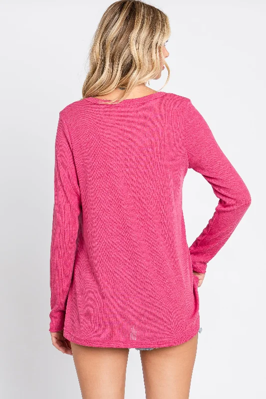 Fuchsia Ribbed Knit Long Sleeve Top