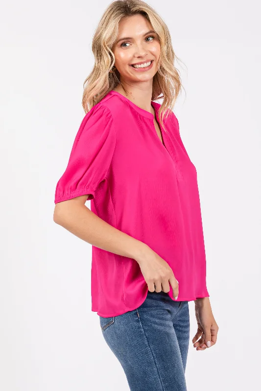 Fuchsia V-Neck Puff Sleeve Blouse