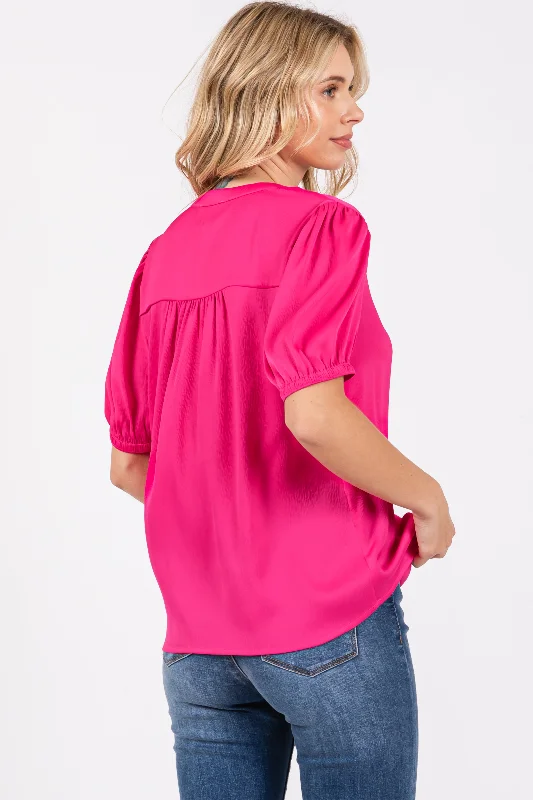 Fuchsia V-Neck Puff Sleeve Blouse