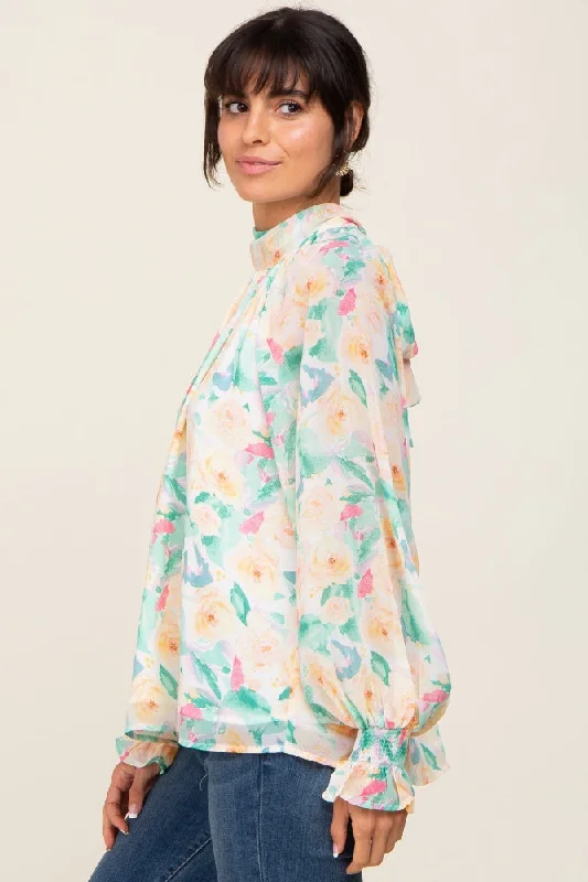 Green Floral Mock Neck Blouse