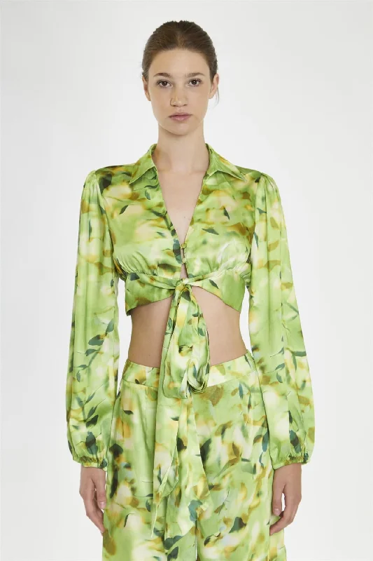 Green Multi-Blur Tie-Front Crop-Blouse