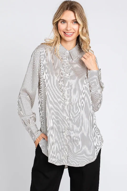 Grey Striped Button Up Long Sleeve Top