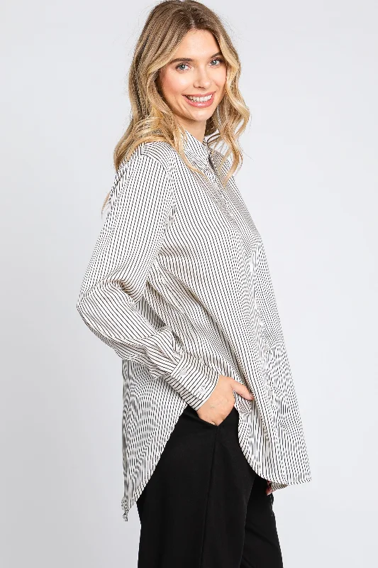 Grey Striped Button Up Long Sleeve Top