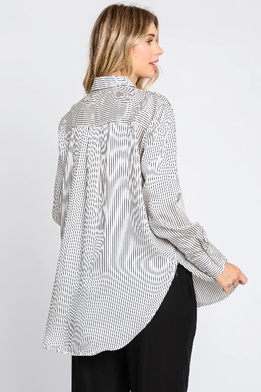 Grey Striped Button Up Long Sleeve Top