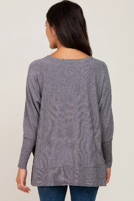 Heather Grey Dolman Sleeve Side Slit Sweater