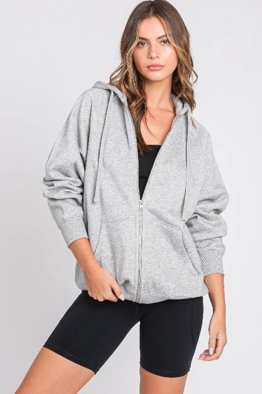 Heather Grey Front Zipper Hooded Sweater