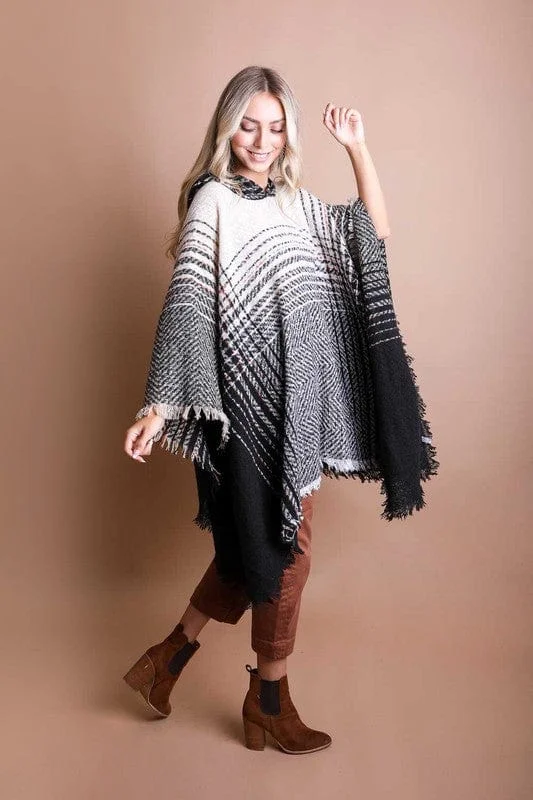 Herringbone Tweed Hooded Frayed Edge Poncho *Online Only*