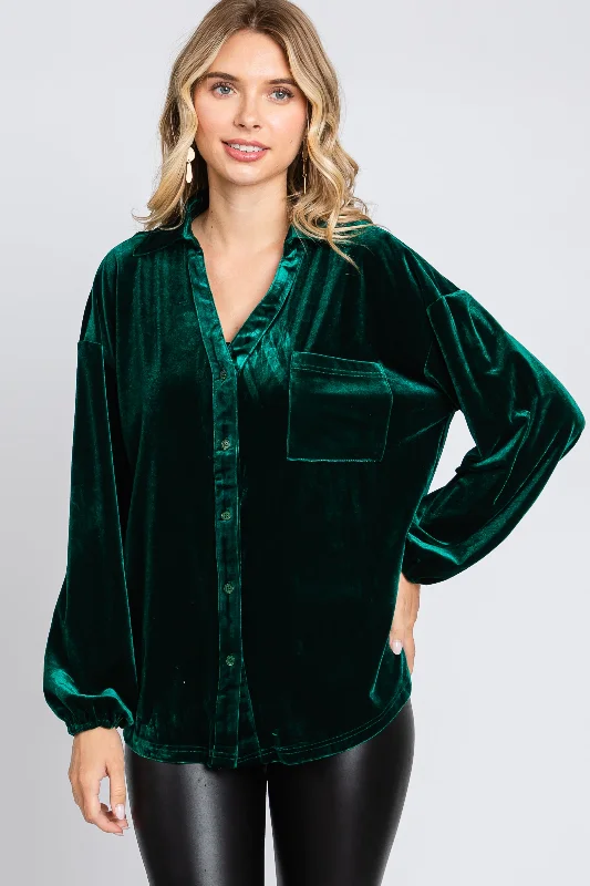 Hunter Green Velvet Button Fron Collared Blouse