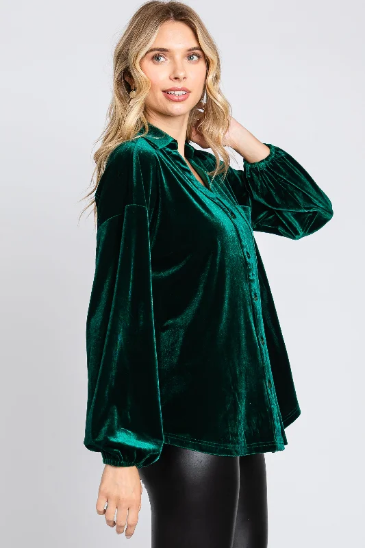 Hunter Green Velvet Button Fron Collared Blouse