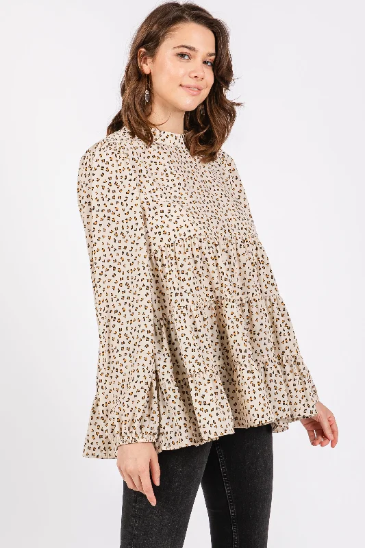 Ivory Animal Print Mock Neck Tiered Top