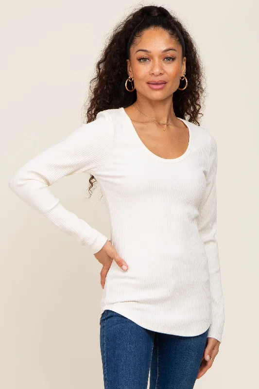 Ivory Ribbed Scoop Neck Long Sleeve Top