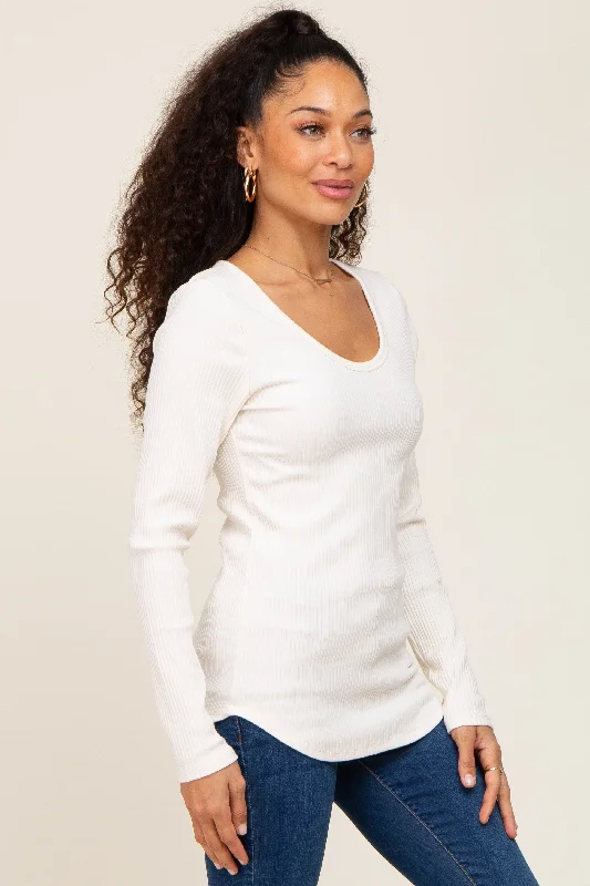 Ivory Ribbed Scoop Neck Long Sleeve Top