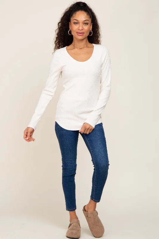 Ivory Ribbed Scoop Neck Long Sleeve Top