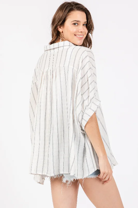 Ivory Striped Collared Oversized Top