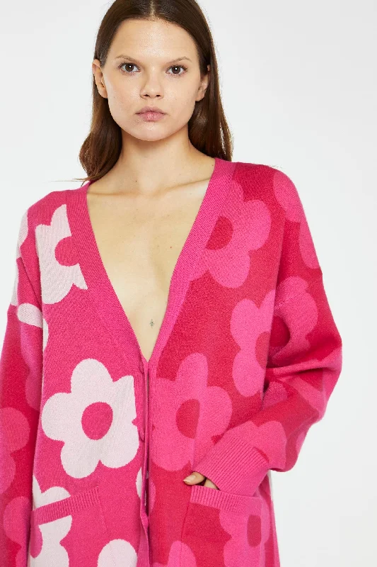 Large Pink Flower Long-Line Cardigan