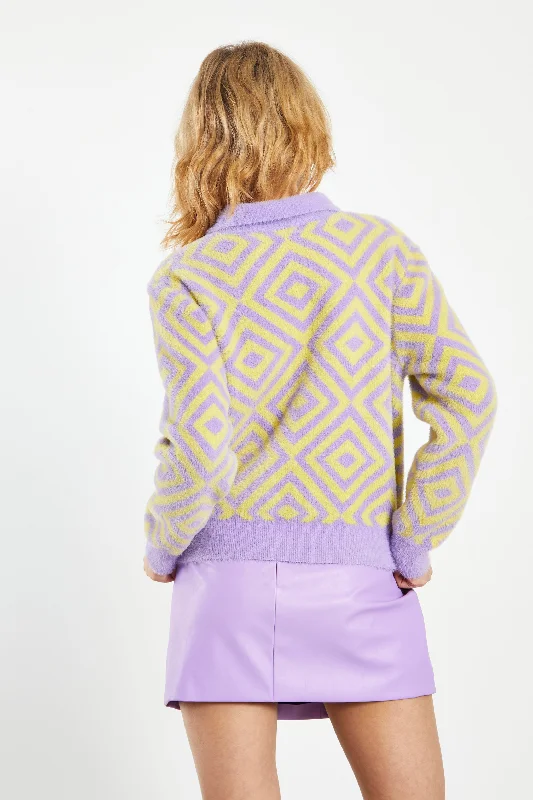 Glamorous Lilac Yellow Diamond Geo Intarsia Knit Collard Cardigan