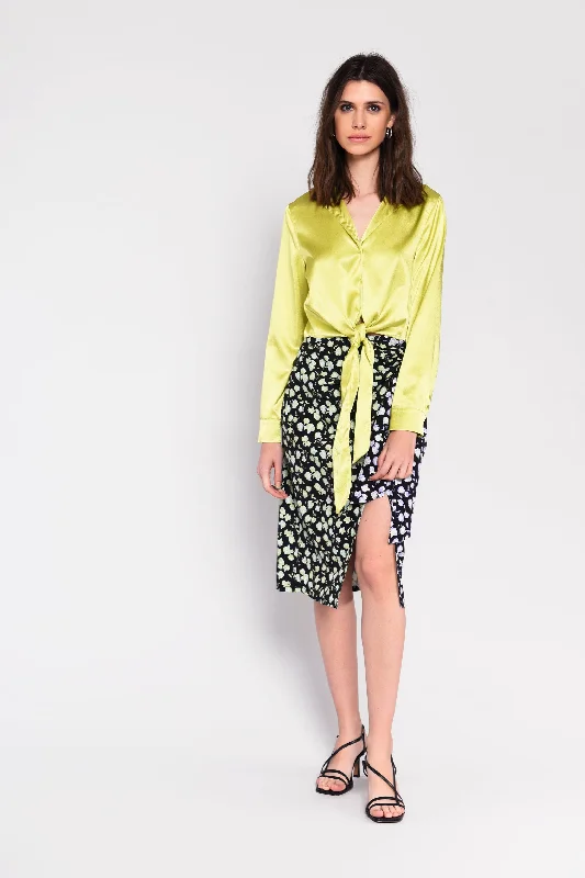 Glamorous Lime Satin Tie Button Front Cropped Shirt