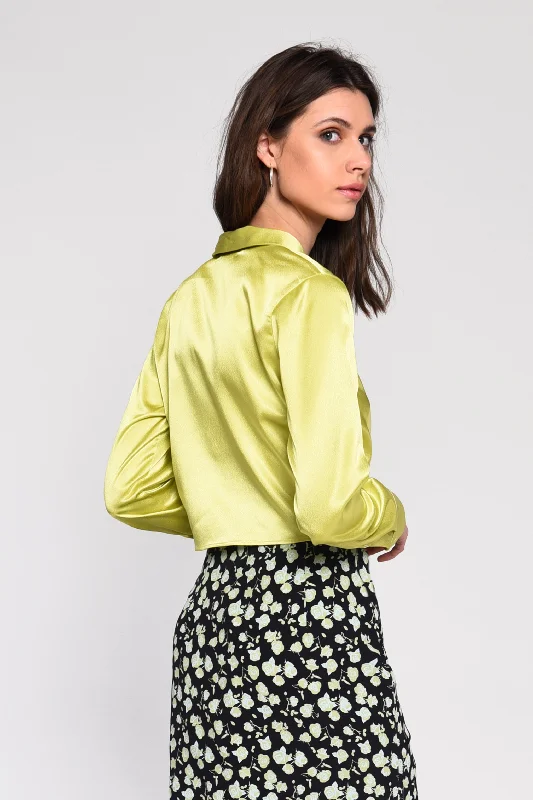 Glamorous Lime Satin Tie Button Front Cropped Shirt