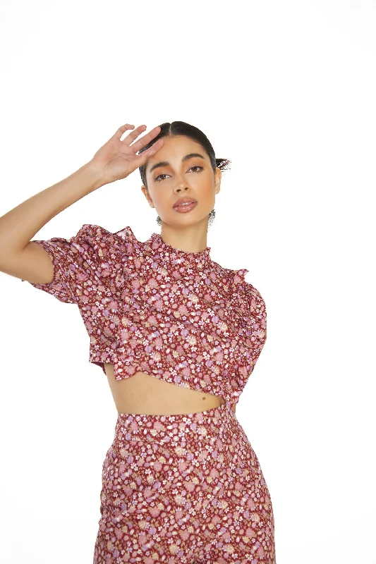 Glamorous Burgundy Chintz Floral High Neck Crop Blouse