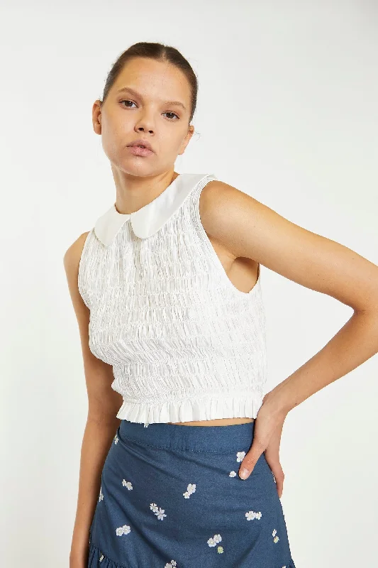 Off White Smocked Collar Crop-Top