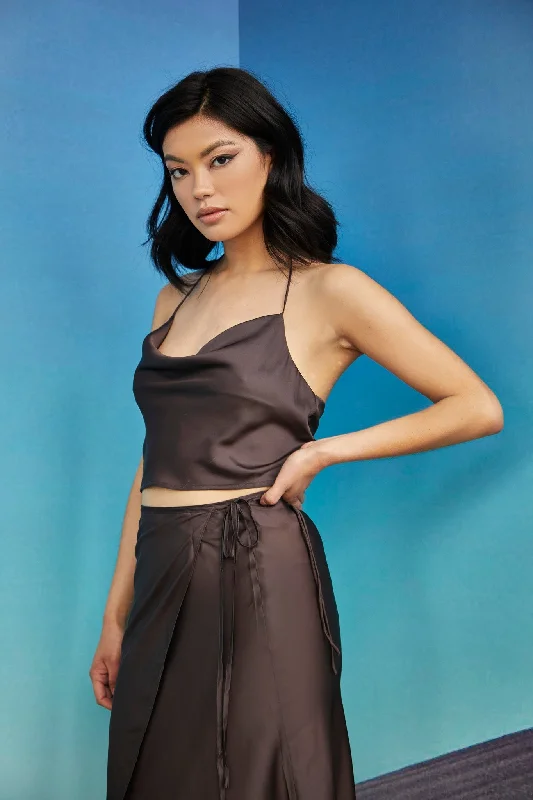 Brown Cowl-Neck Crop-Top