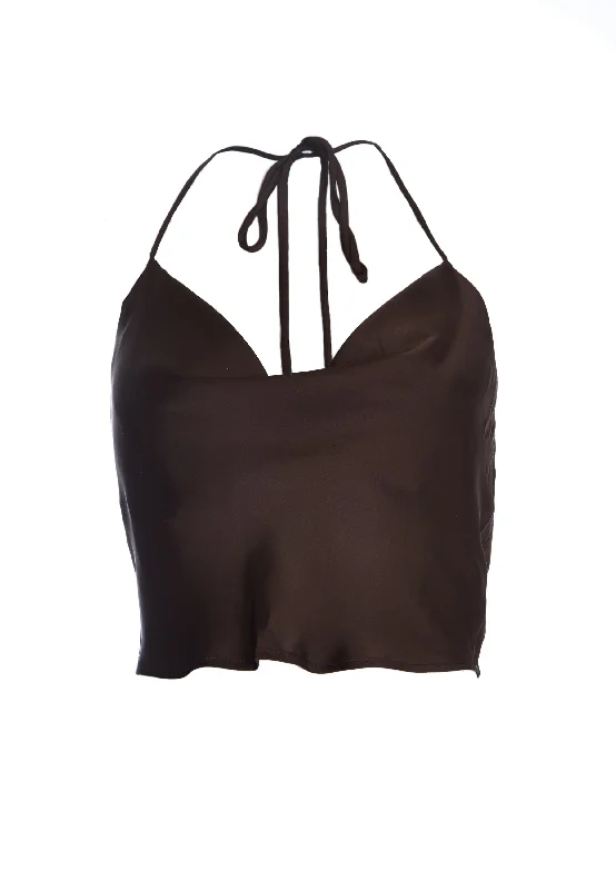 Brown Cowl-Neck Crop-Top