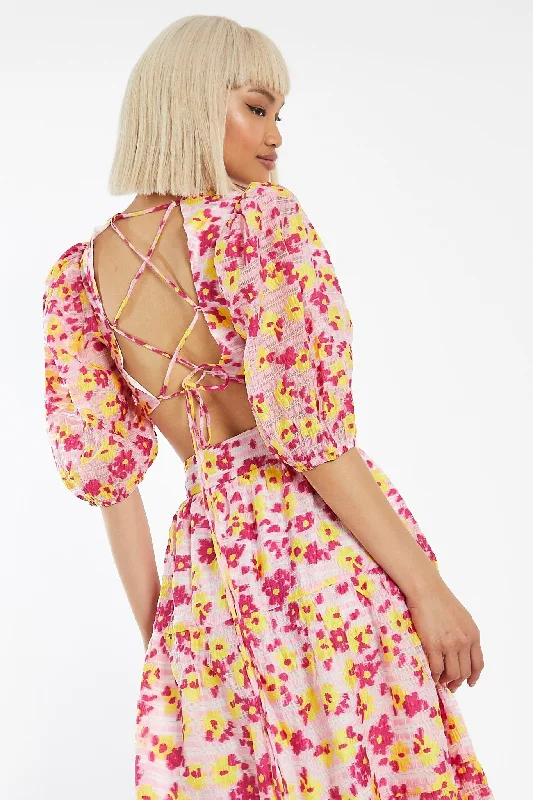 Pink-Yellow Organza Lace-Up Back Puff Sleeve Crop-Top