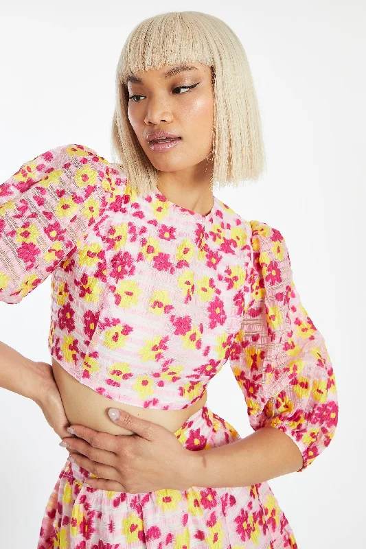 Pink-Yellow Organza Lace-Up Back Puff Sleeve Crop-Top