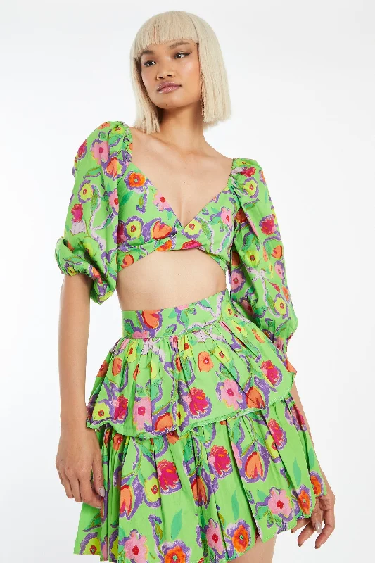 Neon-Green Floral Twist Front Puff Sleeve Crop-Top