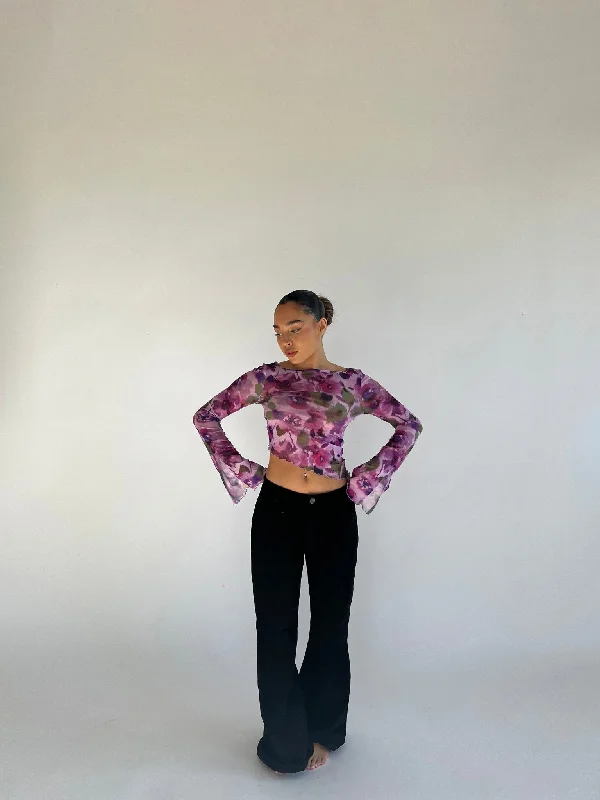 Blurred-Purple Floral Asymmetric Crop-Top