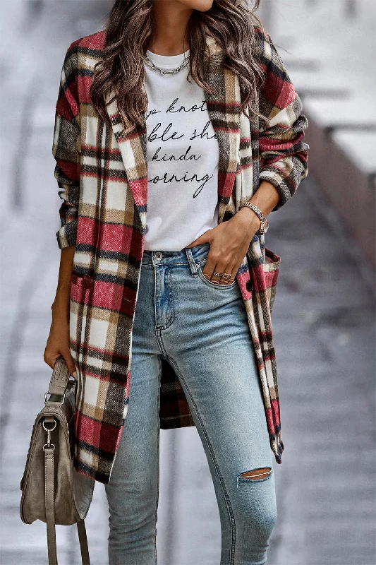 Lapel Wool Blend Plaid Trench Jacket Coat