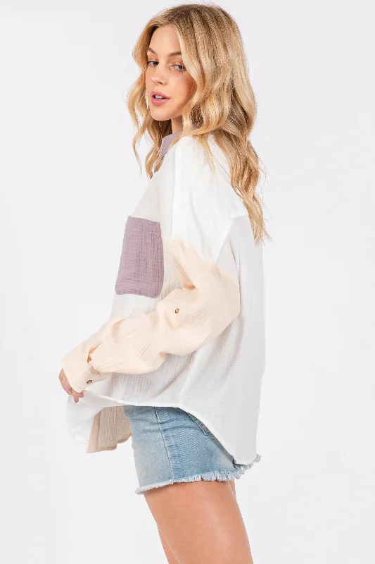 Lavender Lightweight Colorblock Button Up Top