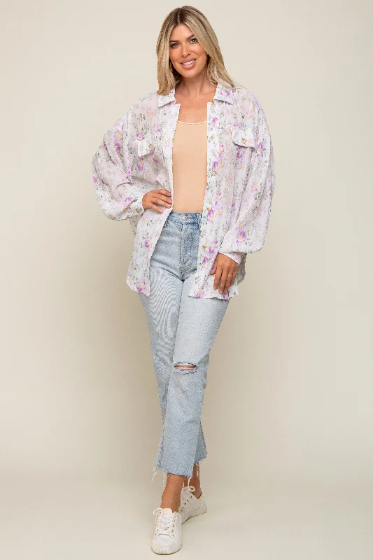 Lavender Pleated Floral Oversized Blouse