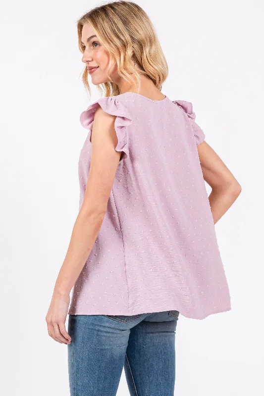 Lavender Swiss Dot Flutter Sleeve V-Neck Top