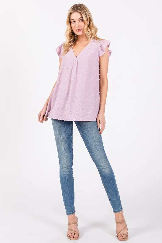 Lavender Swiss Dot Flutter Sleeve V-Neck Top