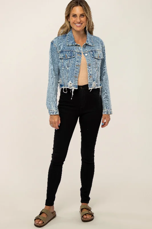 Light Blue Distressed Cropped Denim Jacket