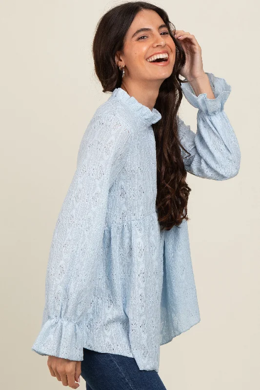 Light Blue Lace Ruffled Neck Top