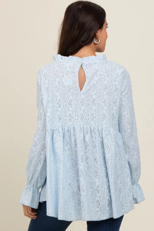 Light Blue Lace Ruffled Neck Top