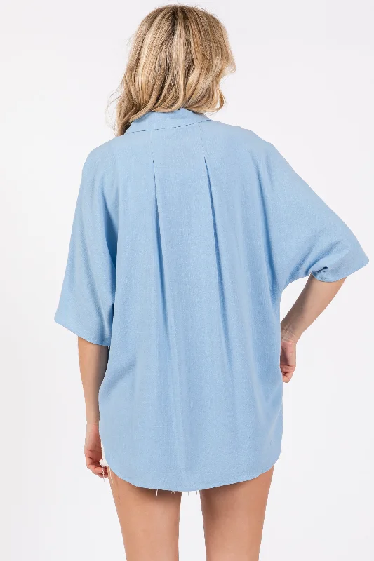 Light Blue Linen Dolman Half Sleeve Button Down Top