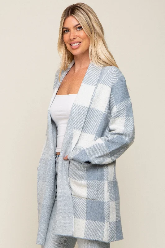 Light Blue Plaid Shawl Cardigan