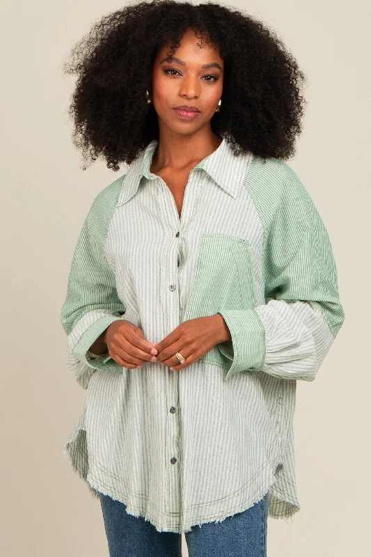 Light Olive Striped Button Down Oversized Long Sleeve Top