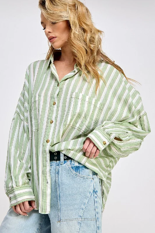 Light Olive Striped Front Pocket Shirt