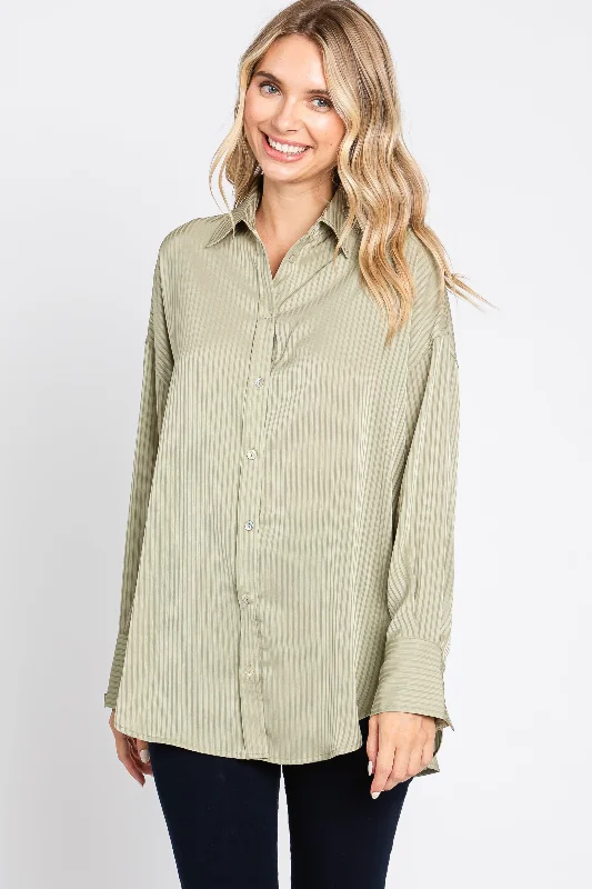 Light Olive Striped Silky Button Down Blouse