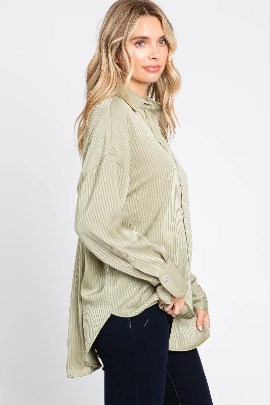 Light Olive Striped Silky Button Down Blouse