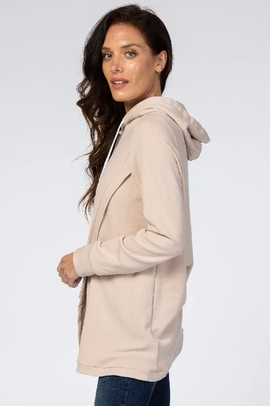 Light Taupe Layered Front Nursing Fleece Hoodie