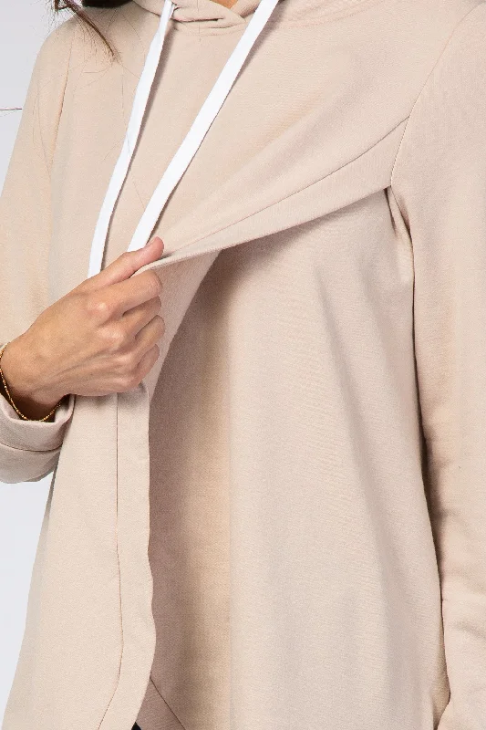 Light Taupe Layered Front Nursing Fleece Hoodie