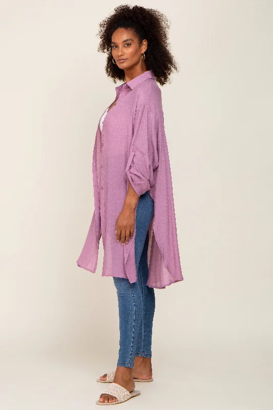 Lilac Button Front Side Slit Oversized Blouse