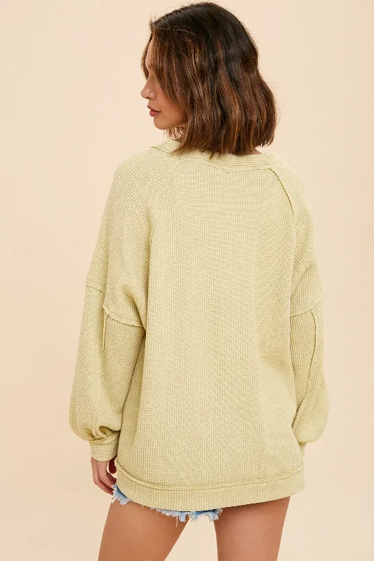 Lime Waffle Knit Button Long Sleeve Top