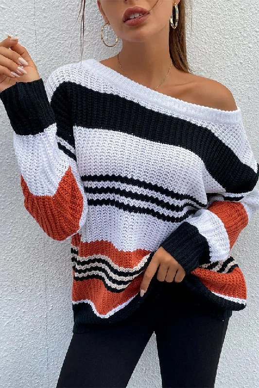 Long Sleeve Color Block Crew Neck Knit Oversized Sweater